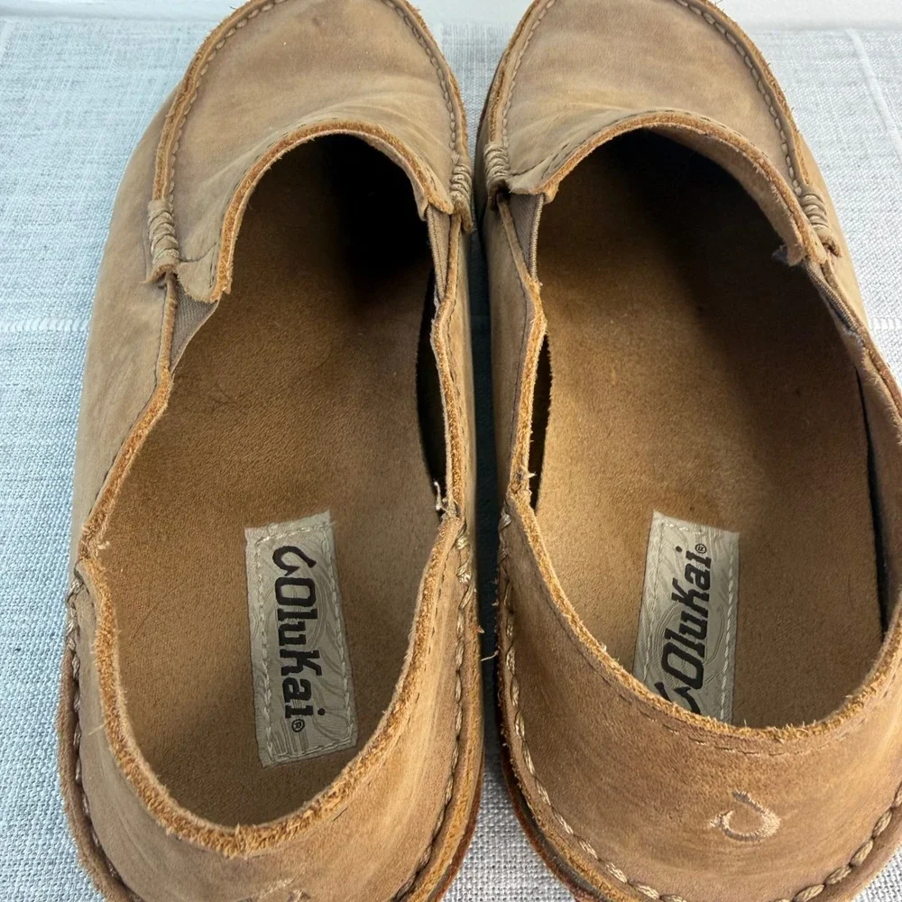 OluKai Moloa Loafer Mens Size 9.5 Brown Leather Slip On Shoe Convertible Slipper